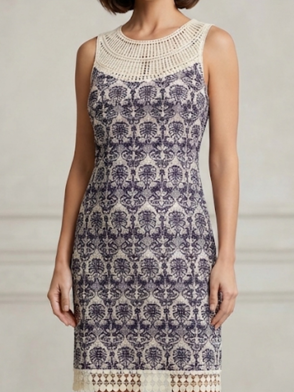 Sophie Max Cream Crochet Yoke Navy Printed Midi Dress